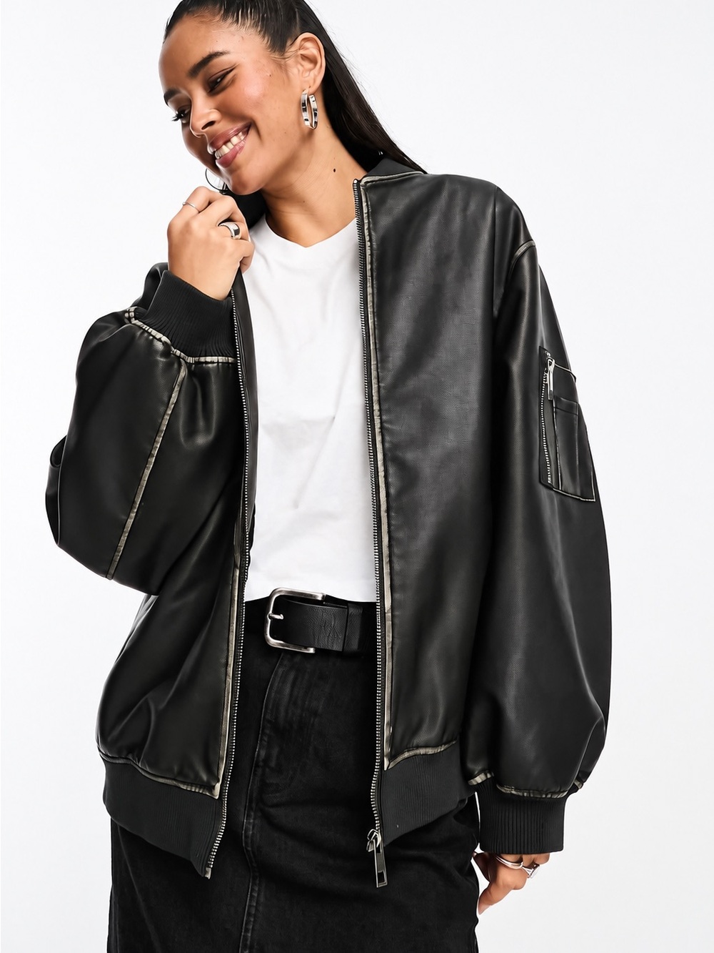 ASOS DESIGN washed faux leather bomber jacket in black